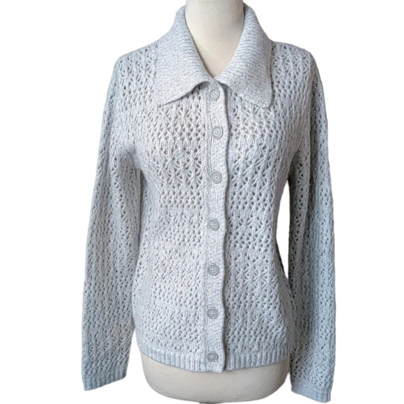 JOIE Pointelle Crochet Open Knit Light Gray Cardigan Sweater S - Picture 1 of 7